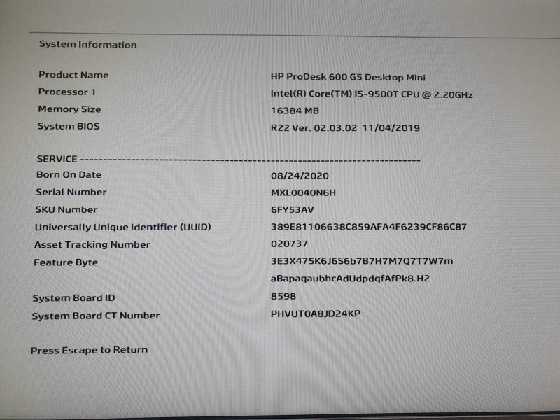 HP ProDesk 600 G5 Mini Intel i5 - 9500T CPU @ 2.20GHz 16GB DDR4 READ