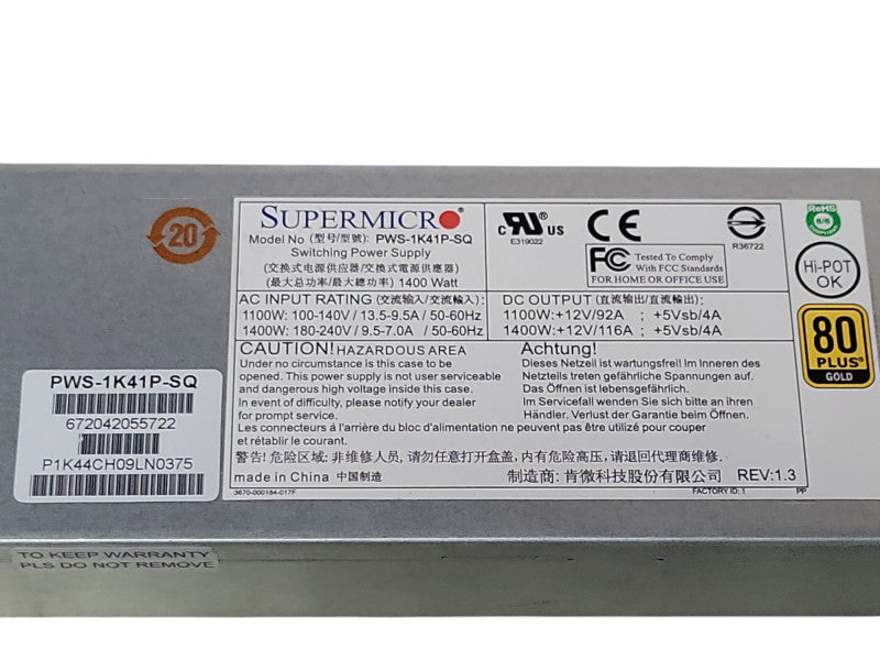 Supermicro PWS-1K41P-SQ 1400W 80 Plus Gold Redundant Server Power Supply Q_