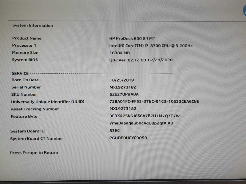 HP ProDesk 600 G4 MT Intel core i7-8700 @ 3.20GHz 16GB DDR4 Ram