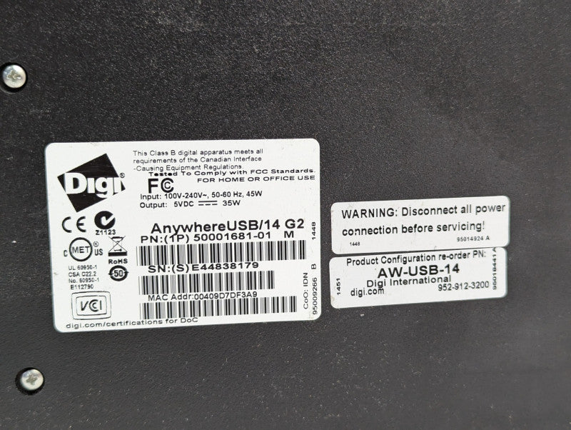 DIGI AnywhereUSB/14 G2 Gen2 AW-USB-14 50001681-01 LAN USB Hub  -