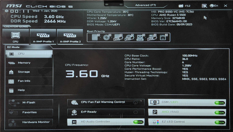 Custom PC, msi PRO B550-VC, AMD Ryzen 5 5500 3.60GHz, 32GB DDR4, No GPU