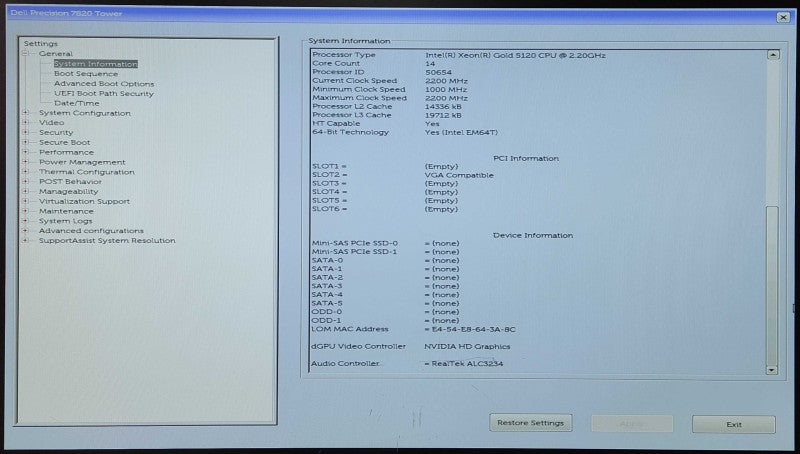 Dell Precision 7820 Workstation, Xeon Gold 5120 2.20GHz 14C, 32GB RAM, No PSU