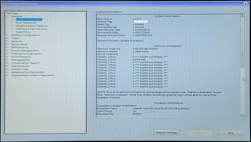 Dell Precision 7820 Workstation, Xeon Gold 5120 2.20GHz 14C, 32GB RAM, No PSU