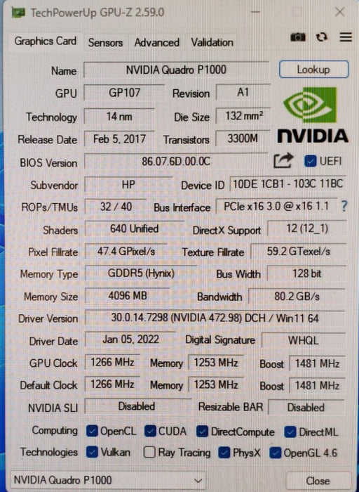 NVIDIA Quadro P1000 | 4 GB GDDR5 Low Profile Graphics Card | 4x MiniDP