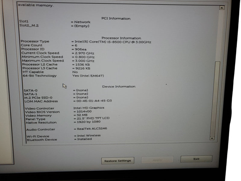Dell Optiplex 5260 AIO 21.5" intel i5-8500 3.00GHz 16GB RAM - NO HDD