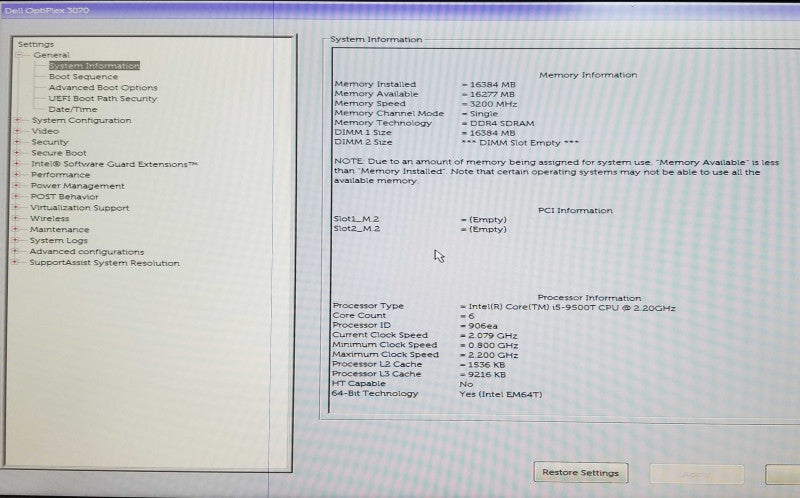 DELL OptiPlex 3070 USFF - Intel i5-9500T @2.20GHz - 16GB RAM - No HDD