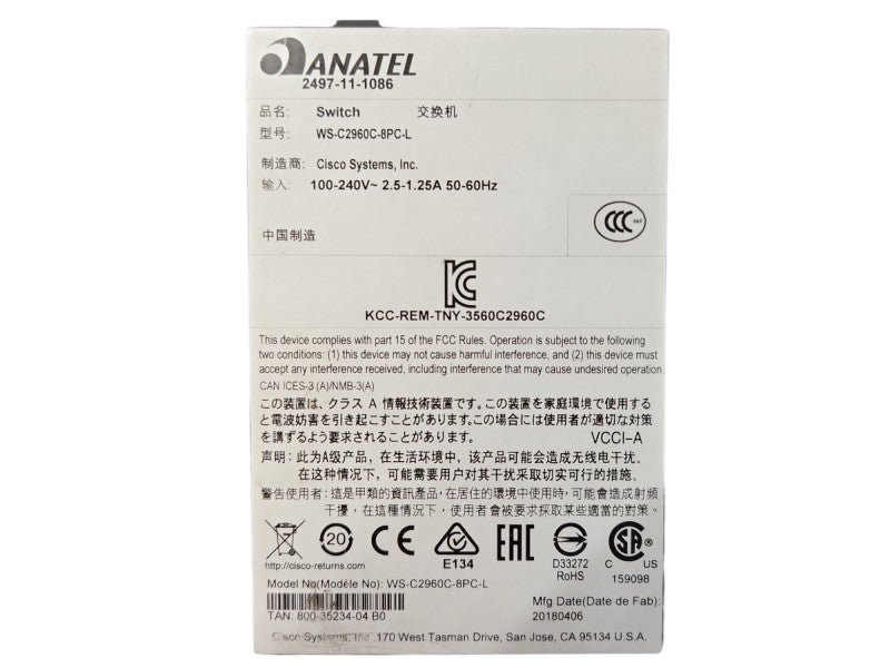 Cisco Catalyst 2960-C WS-C2960C-8PC-L, 8-port Ethernet PoE Network Switch Q