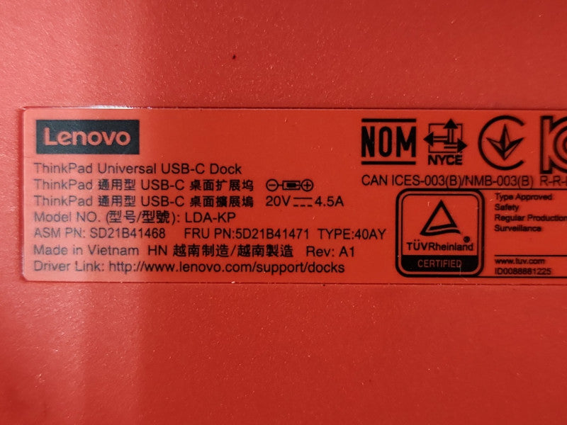 Lenovo ThinkPad Universal USB-C Laptop Dock 40AY LDA-KP W/ Adapter