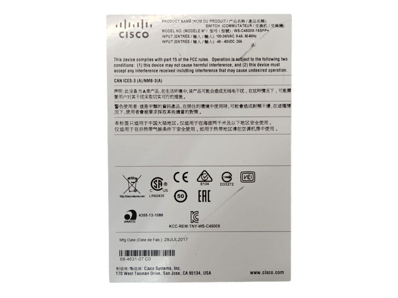 Cisco WS-C4500X-16SFP+, 16-Port 10GE IP Base SFP+ Switch, 2x PSU, READ