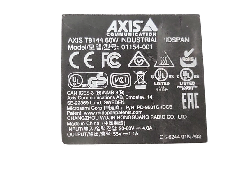 Axis T8144 60W Industrial Midspan PoE Injector, 20-60VDC Input, 01154-001 Q_