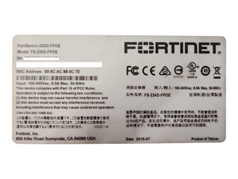 Fortinet 224D-FPOE FortiSwitch 24-Port GE RJ45, 4-Port SFP, PoE-370W