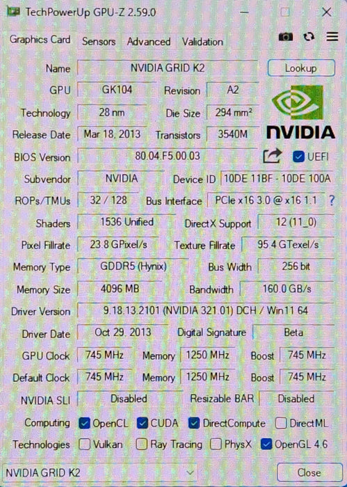 NVIDIA GRID K2 4GBx2 Server Graphics GPU Accelerator Card w/ Cable