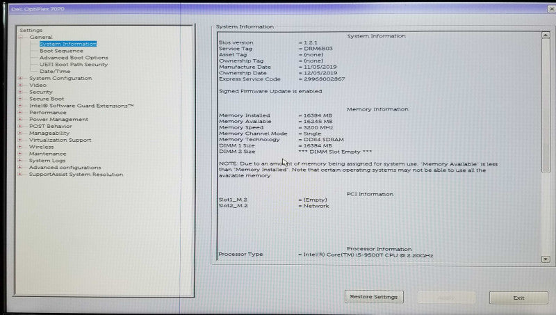 DELL OptiPlex 7070 USFF - Intel i5-9500T @2.20GHz - 16GB RAM - No HDD