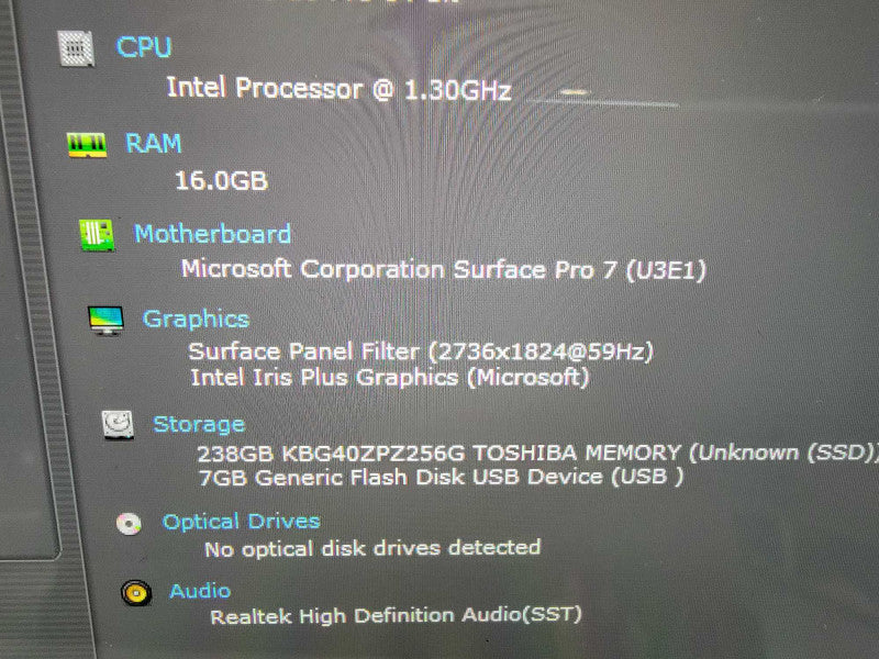 MS Surface Pro 7 1866 13" | 4-Core i7-1065G7 @1.3GHz | 16GB DDR4 | 256GB