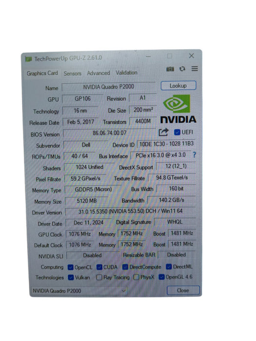 Nvidia Quadro P2000 Graphics Card 5GB GDDR5 4 Display Ports =
