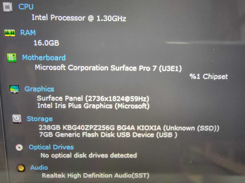 MS Surface Pro 7 1866 13" | 4-Core i7-1065G7 @1.3GHz | 16GB DDR4 | 256GB SSD