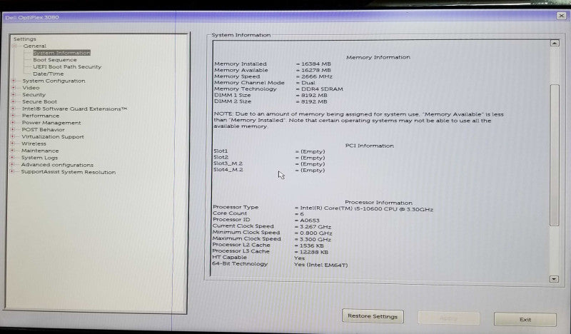 Dell Optiplex 3080 SFF | i5- 10600 CPU @ 3.30GHz | 16GB DDR4 | No HDD/SSD