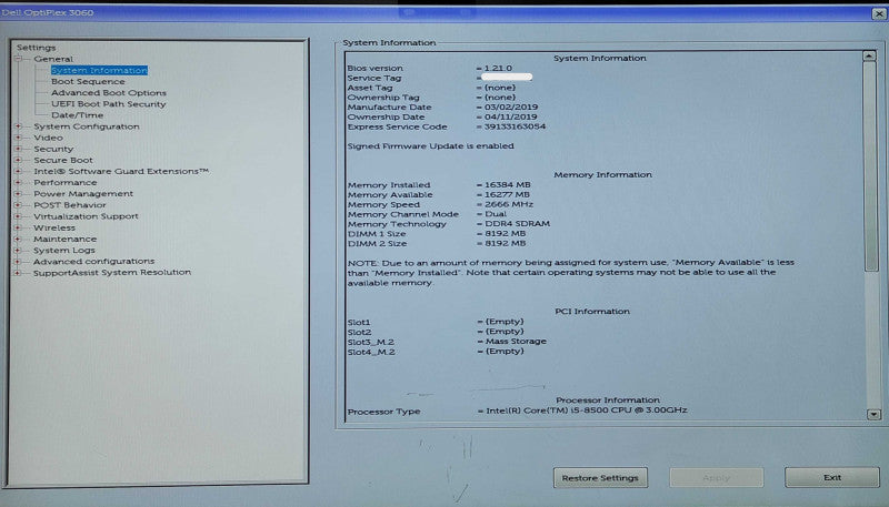 Dell OptiPlex 3060 SFF, i5-8500 3.00GHz 6-Core, 16GB DDR4, 512GB NVMe