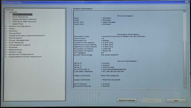 Dell OptiPlex 3060 SFF, i5-8500 3.00GHz 6-Core, 16GB DDR4, 512GB NVMe