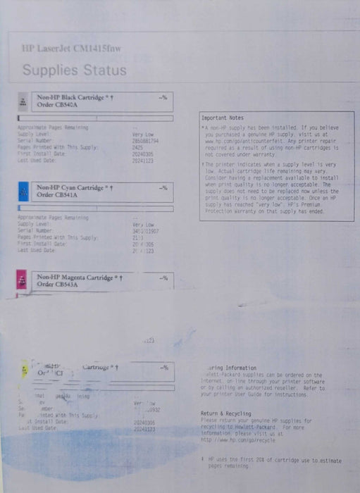Hp LaserJet Pro CM1415fnw Color MFP all-in-one Printer, READ _