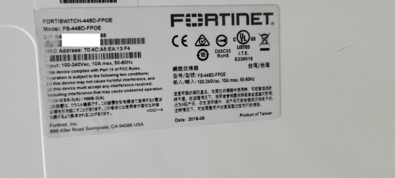 Fortinet Fortiswitch FS-448D-FPOE 48Port Gig Managed PoE Switch, READ _
