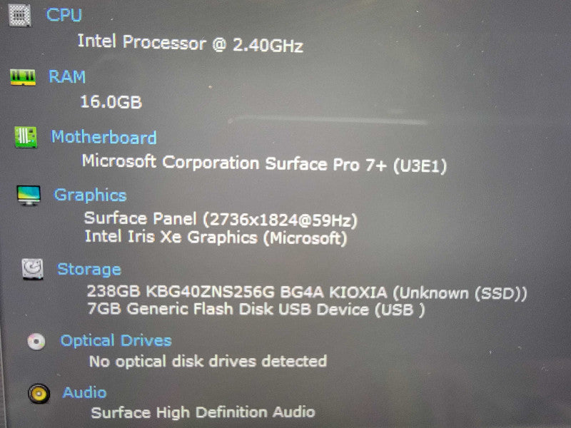 MS Surface Pro 7+ 1961 13" | 4-Core i5-1135G7 @2.4GHz | 16GB RAM | 256GB SSD