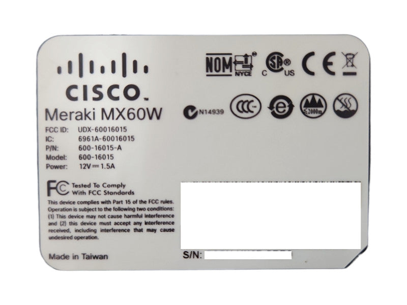 Cisco Meraki MX60W Cloud Managed 100Mbps PPPoE Firewall Router, Unclaimed