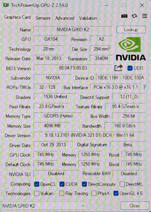 NVIDIA GRID K2 4GBx2 Server Graphics GPU Accelerator Card w/ Cable