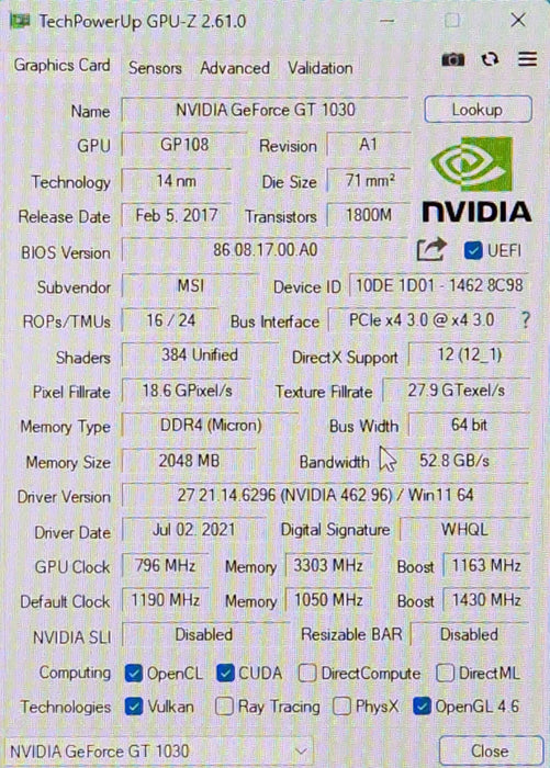 MSI GeForce GT 1030 2GB LP OC 2GB GDDR5 Low Profile PCIex16 DP/HDMI Video Car
