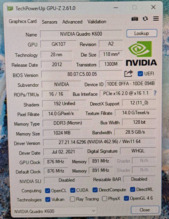 NVIDIA Quadro K600 1GB DDR3 PCIe Graphics Card | Full Height Bracket