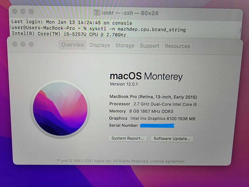 Apple MacBook Pro 2015 13" A1502 | 2-Core i5-5257U @2.7GHz 8GB DDR3 250GB SSD