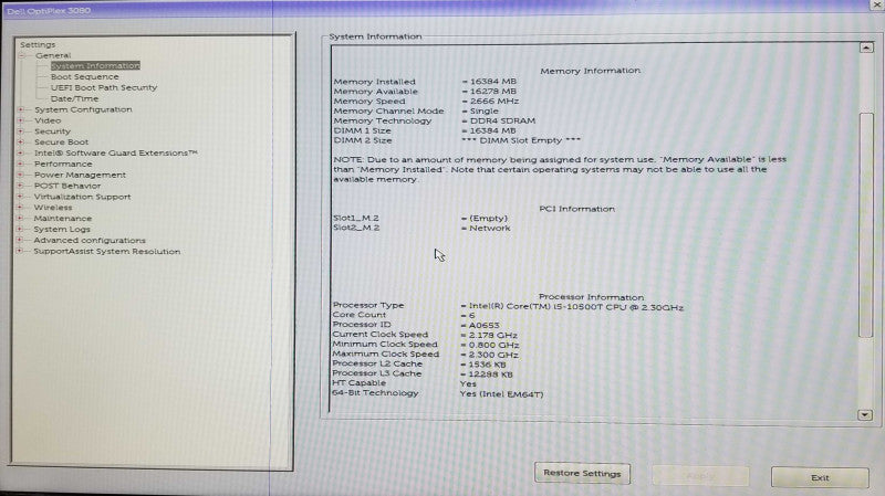 DELL OptiPlex 3080 USFF - Intel i5-10500T @2.30GHz - 16GB RAM - No HDD