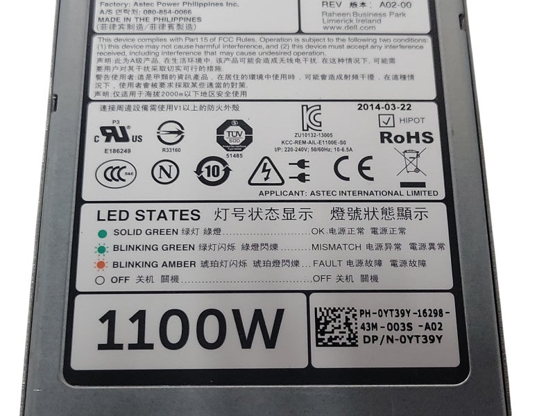 Dell PowerEdge T620 R620 R720 R720XD 1100W Server Power Supply PSU 0YT39Y Q_