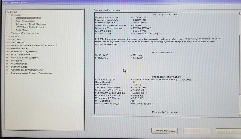 DELL OptiPlex 3070 USFF | Intel i5-9500T @2.20GHz | 16GB RAM | No HDD Q