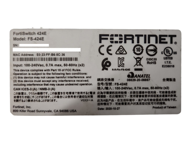 Fortinet FortiSwitch 424E Ethernet Switch, FS-424E, Factory Rest