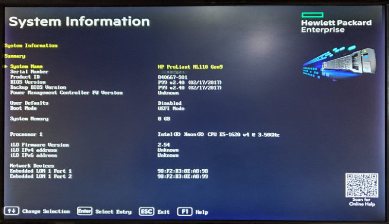 HP ProLiant ML110 Gen9 | 1x E5-1620 v4 | 8GB DDR4 | No HDD | B140i