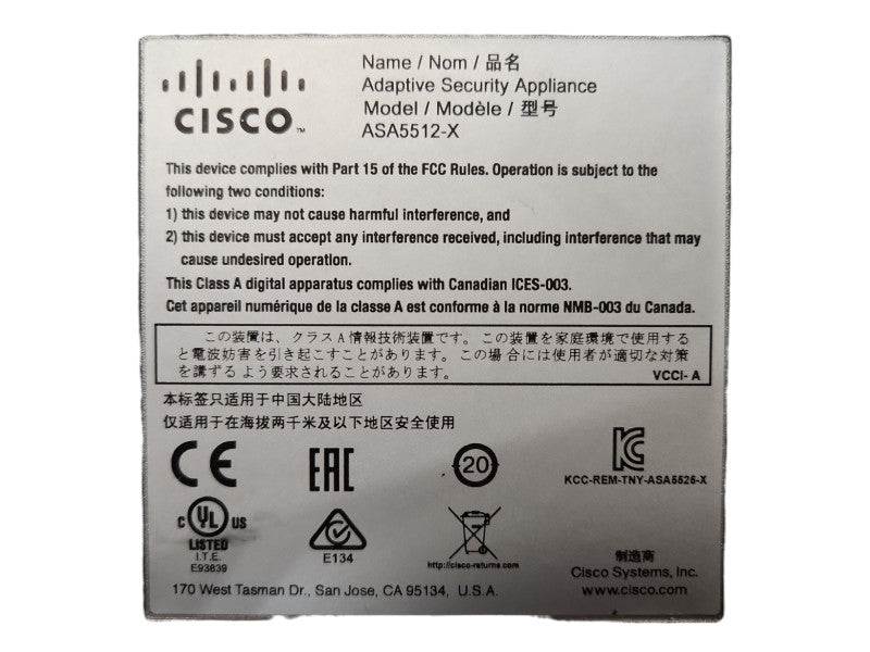 Cisco ASA5512-X Adaptive Security Appliance w/ Security Plus License, No HDD