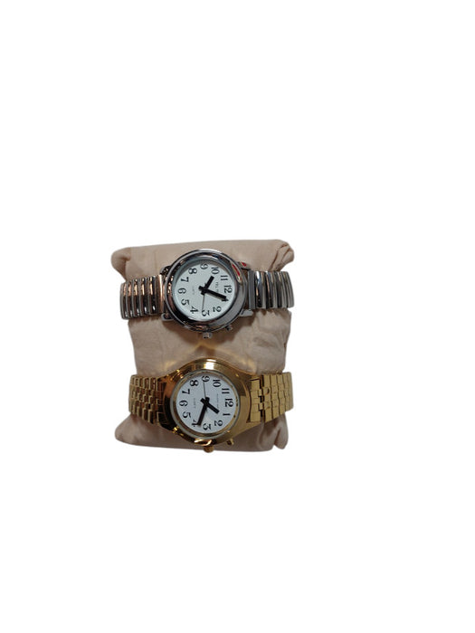 2 Lady's Talking Watches Silver & Gold Tone ModelTIM-142-511-3110 JapanQuartz =