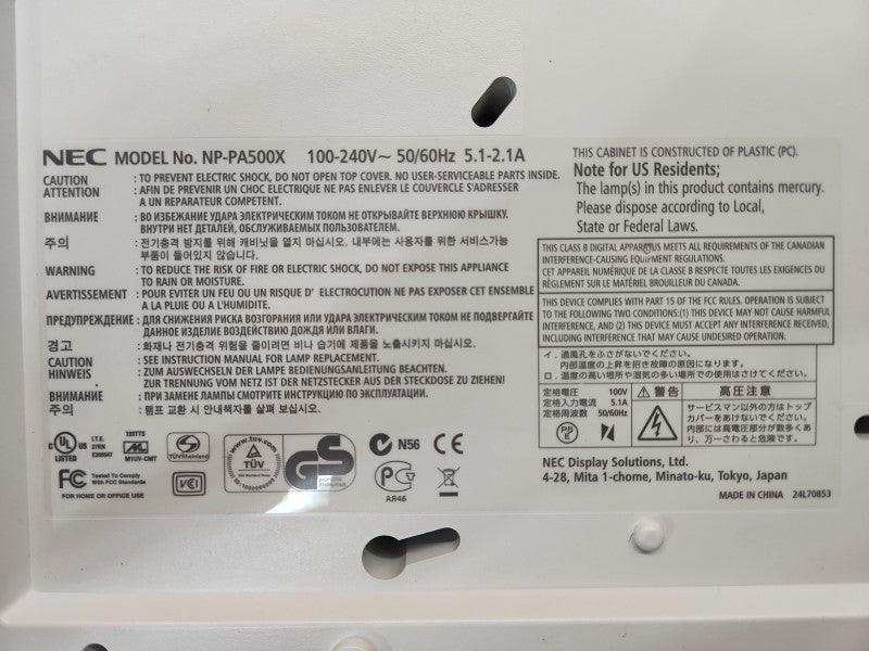 NEC NP-PA500X 1920x1200 Projector Long-Throw Zoom Lens, Lamp Hour: 1154Hrs