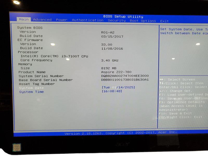 Acer Aspire AZ5W2 AIO Core I3-7100T 8GB Ram  - No HDD