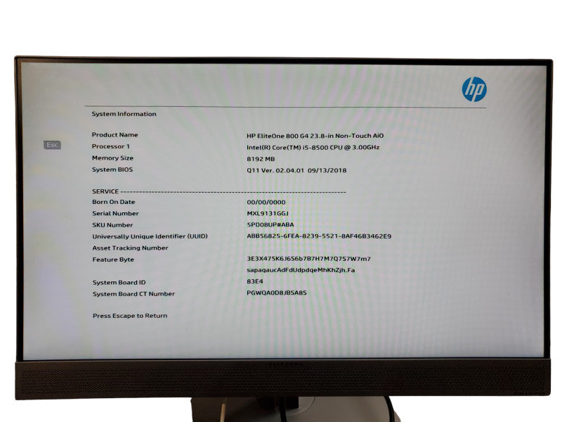 HP EliteOne 800 G4 AIO Core i5-8500 3.0Ghz/8GB RAM - No HDD
