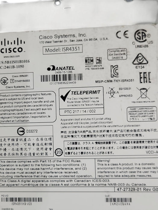 Cisco ISR4351/K9 Gigabit Integrated Services Router, 1x PSU, NOT AFFECTED _