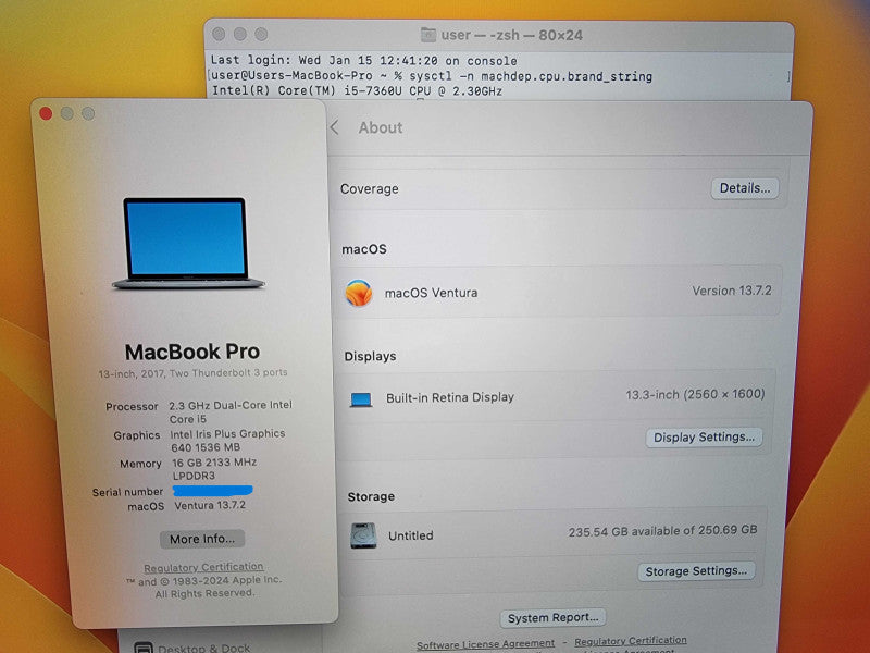 Apple MacBook Pro A1708 2017 13" | i5-7360U @2.3GHz 16GB DDR3 256GB SSD -READ
