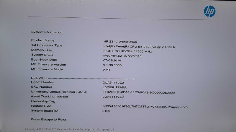 HP Z840 Workstation, Xeon E5-2620 v3 @2.40GHz, 8GB DDR4, 4GB AMD GPU, No HDD