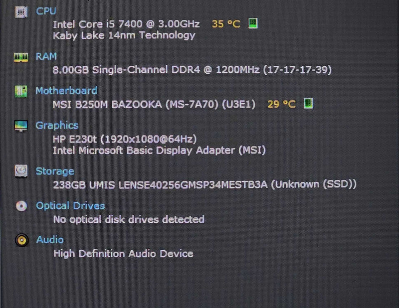 Custom PC/ MSI B250M BAZOOKA, i5-7400 3.00GHz, 8GB DDR4, 256GB NVMe $