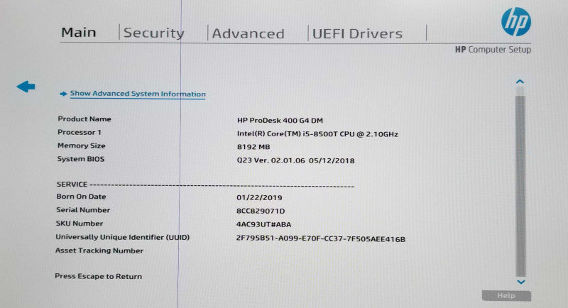 HP ProDesk 400 G4 USFF | Intel i5-8500T @2.10GHz | 8GB RAM - No HDD