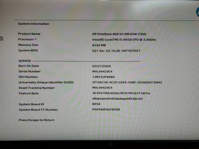 HP EliteDesk 800 G4 SFF Core i5-8500@3.0GHz 8GB RAM NO HDD Q