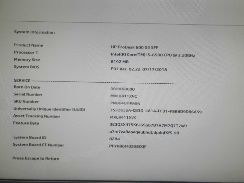 HP ProDesk 600 G3 SFF | i5-6500 @ 3.2GHz | 8GB DDR4 | No HDD/OS