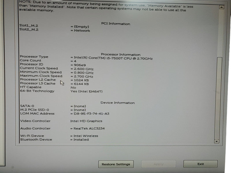 Dell OptiPlex 3050 USFF Intel i5-7500T CPU 8GB RAM No HDD