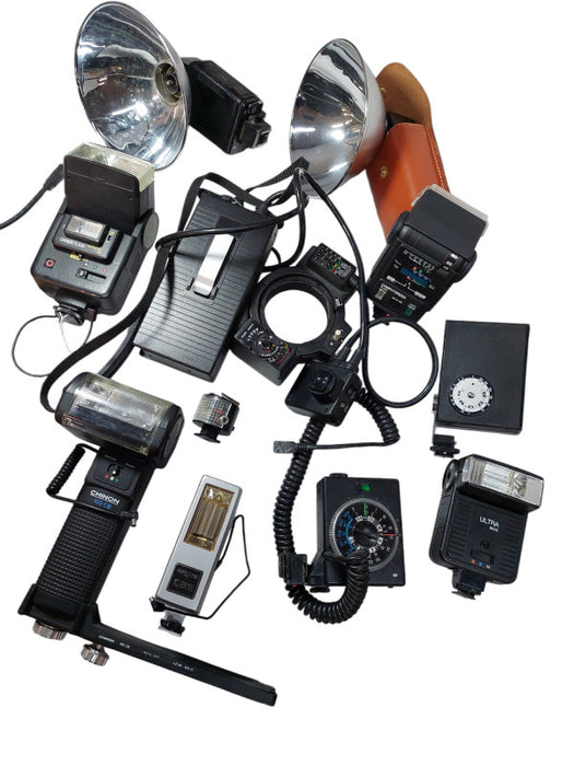 Box of Vintage Camera Flashers & Accessories - 11 Items Total  =